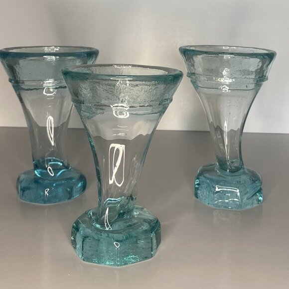 Set of 3 Heavy Recycled Glass Cocktail/Ice Cream Glasses Free Form Aqua - Picture 1 of 10